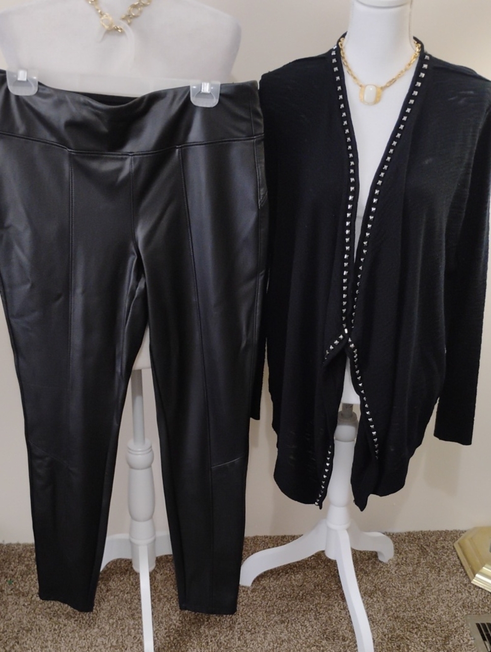 Rock & Republic Black Faux Leather Leggings & Cardigan